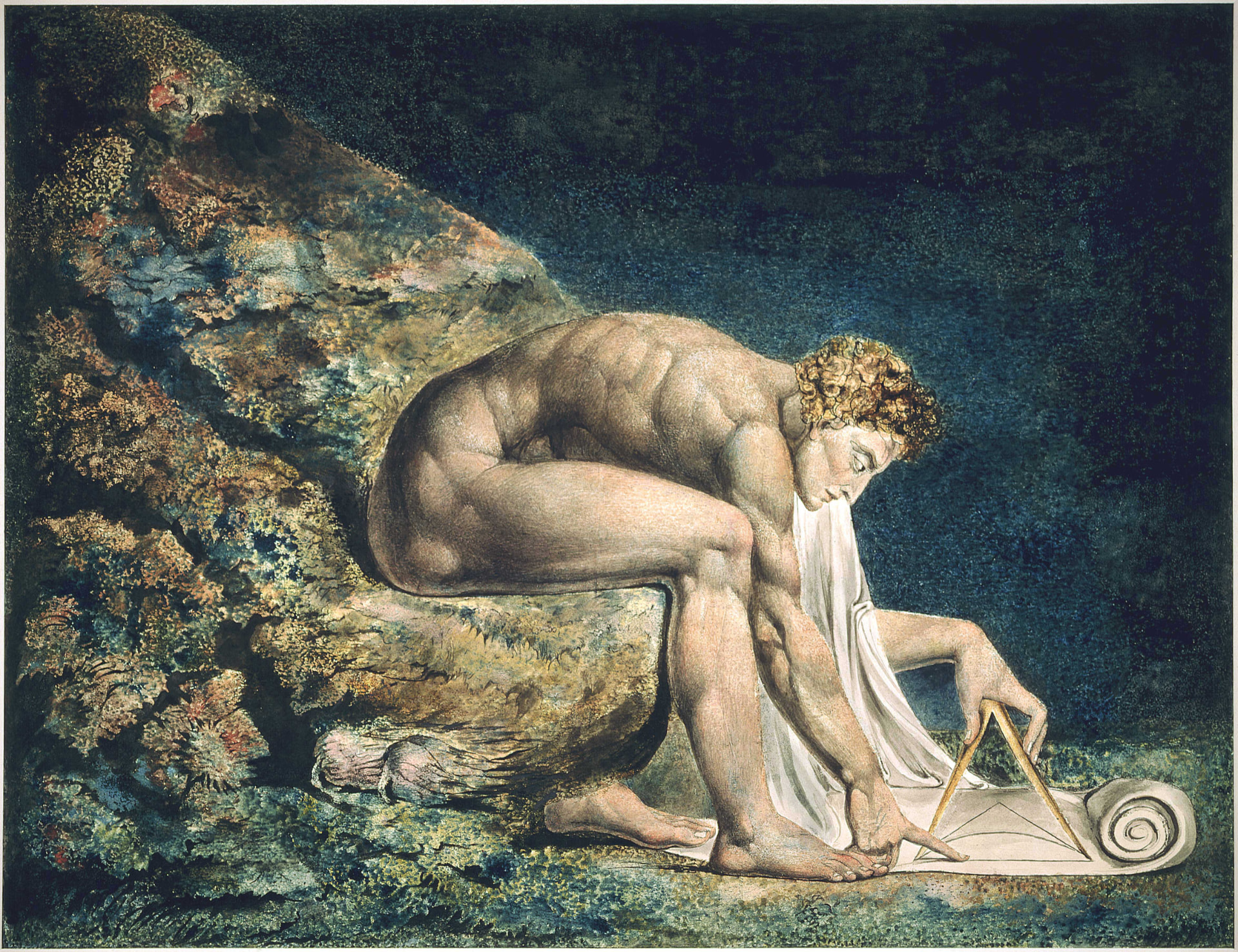 William Blake's painting of Newton bent over a scroll with a compass